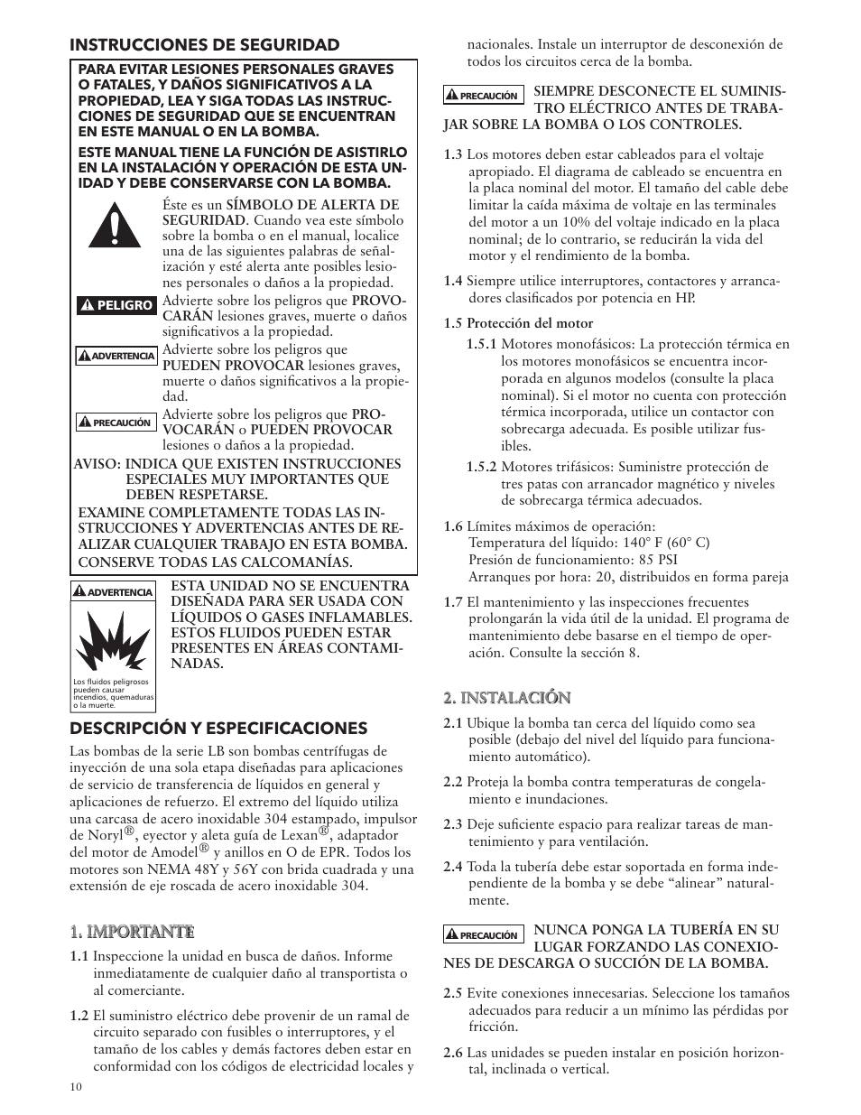 Instrucciones de seguridad, Descripción y especificaciones | Xylem IM064 R05 Model LB User Manual | Page 10 / 24