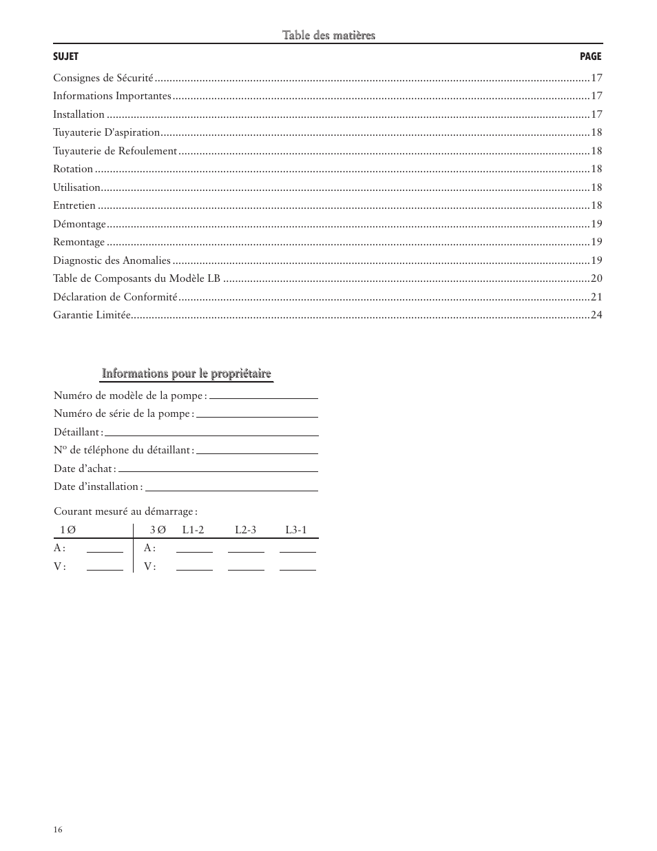 Informations pour le propriétaire | Xylem IM064 R05 Model LB User Manual | Page 16 / 24