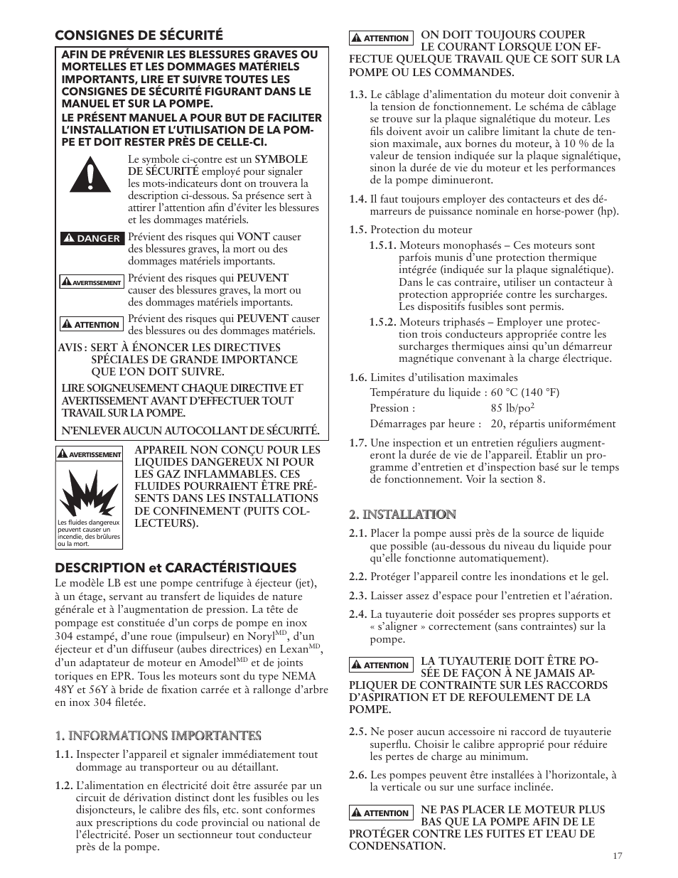 Consignes de sécurité, Description et caractéristiques | Xylem IM064 R05 Model LB User Manual | Page 17 / 24