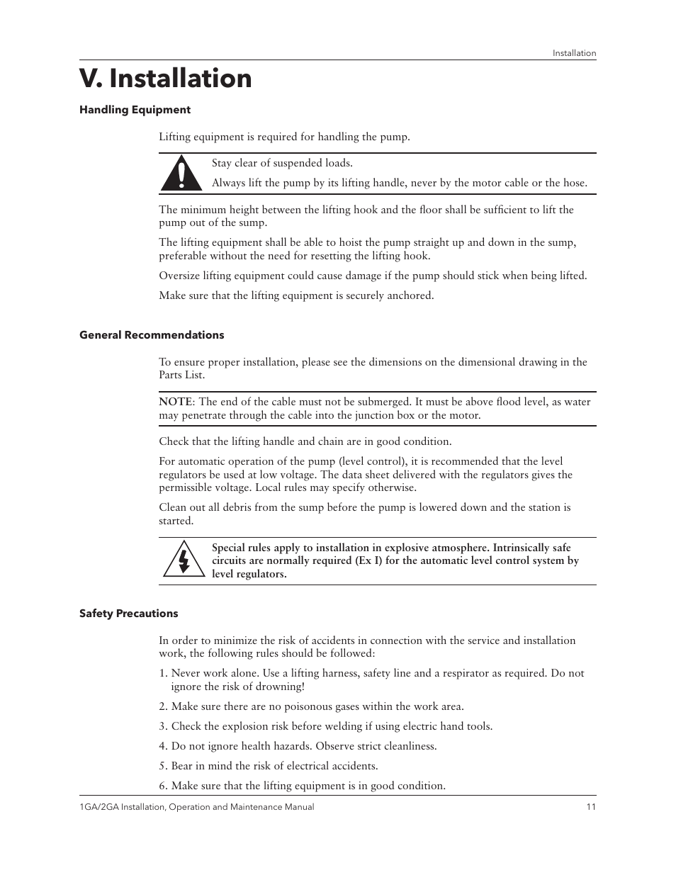 V. installation | Xylem IM070 R03 Models 1GA/2GA User Manual | Page 13 / 26