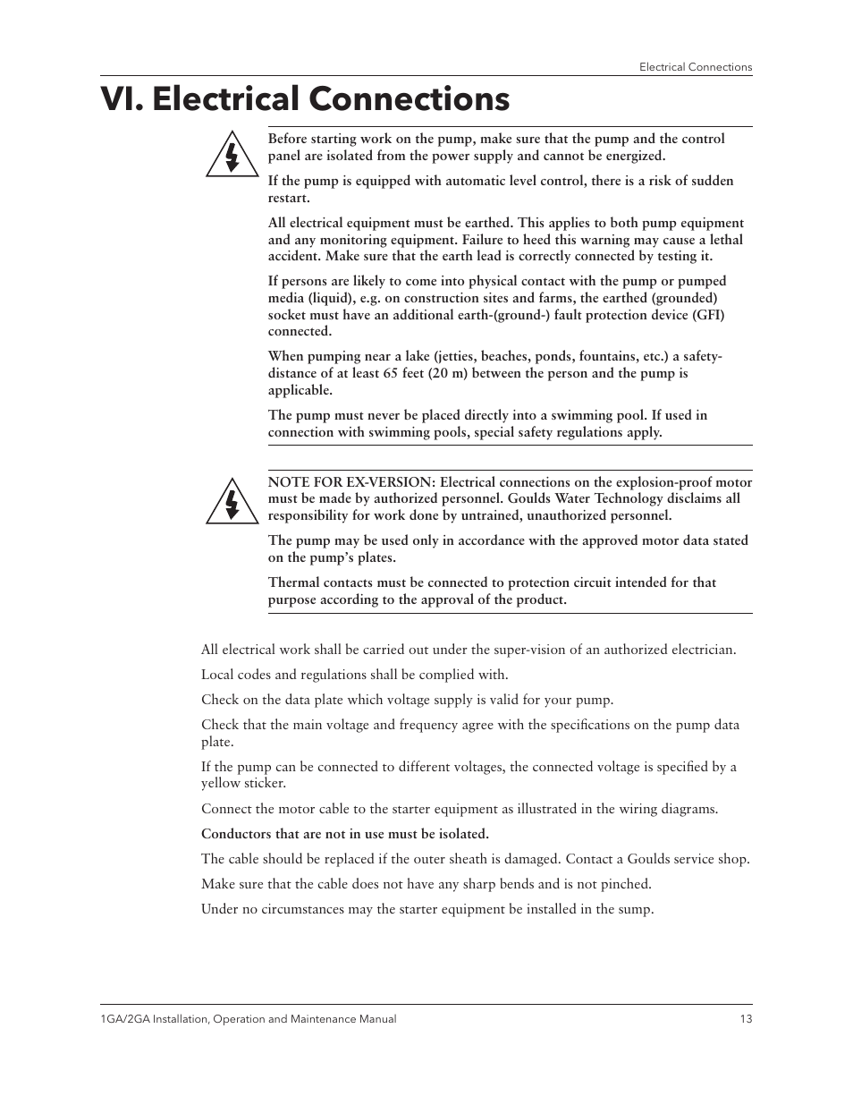 Vi. electrical connections | Xylem IM070 R03 Models 1GA/2GA User Manual | Page 15 / 26