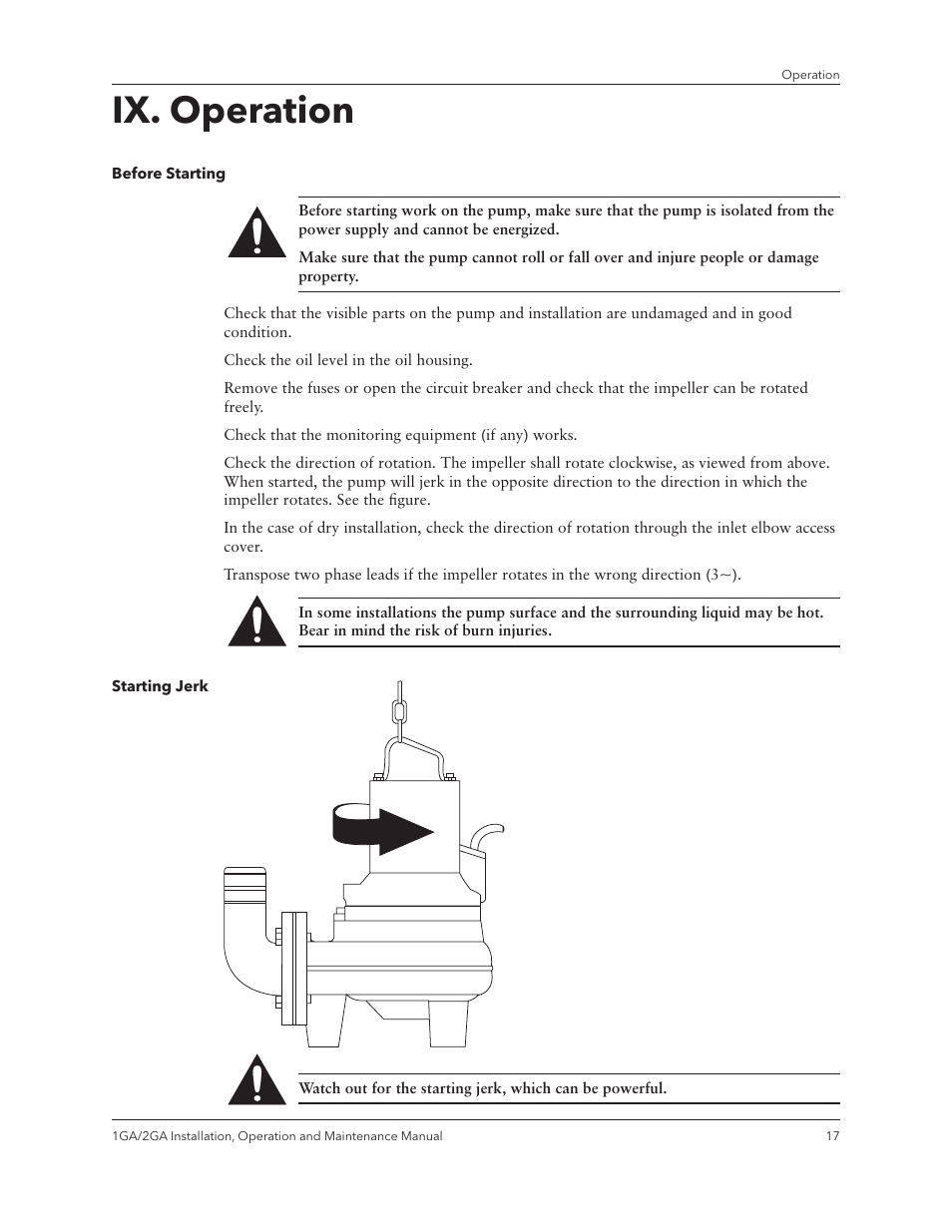 Ix. operation | Xylem IM070 R03 Models 1GA/2GA User Manual | Page 19 / 26