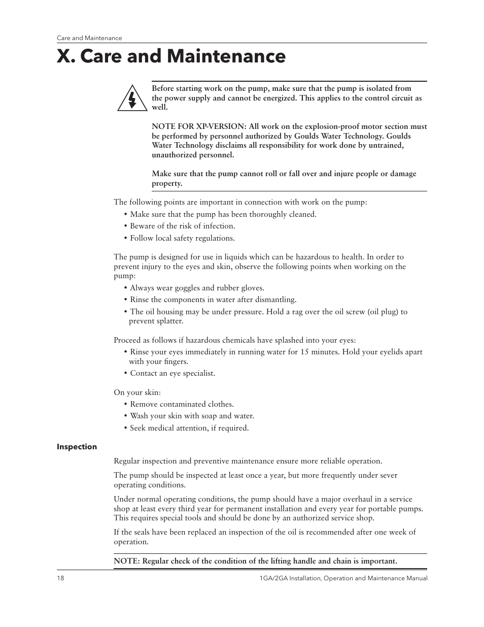 X. care and maintenance | Xylem IM070 R03 Models 1GA/2GA User Manual | Page 20 / 26
