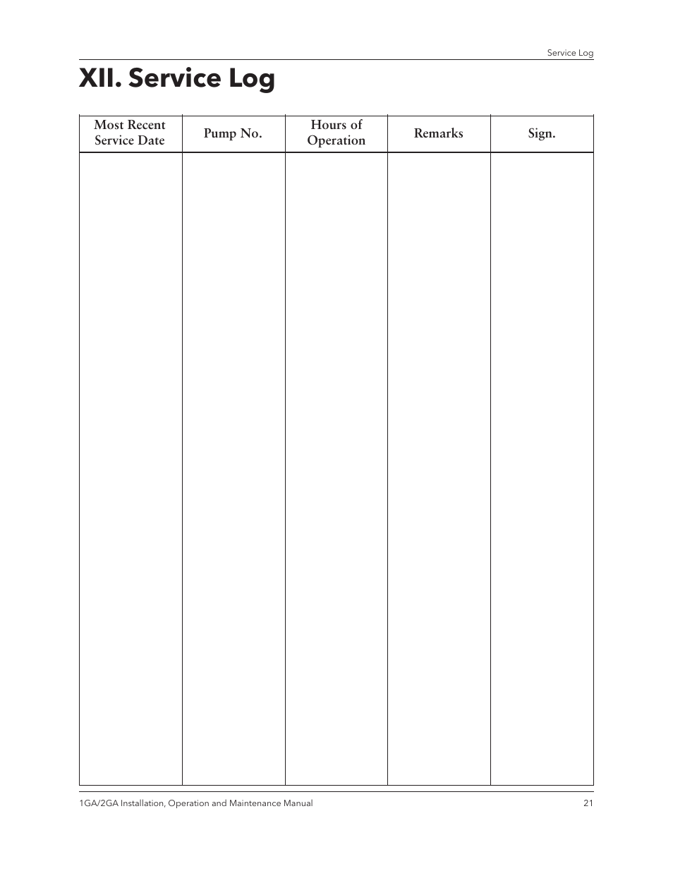 Xii. service log | Xylem IM070 R03 Models 1GA/2GA User Manual | Page 23 / 26