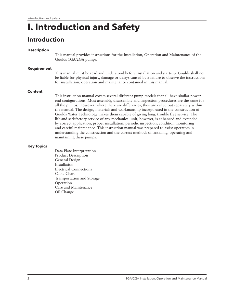 I. introduction and safety, Introduction | Xylem IM070 R03 Models 1GA/2GA User Manual | Page 4 / 26