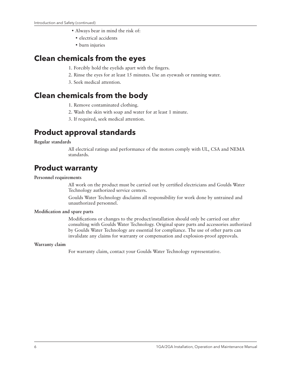 Clean chemicals from the eyes, Clean chemicals from the body, Product approval standards | Product warranty | Xylem IM070 R03 Models 1GA/2GA User Manual | Page 8 / 26