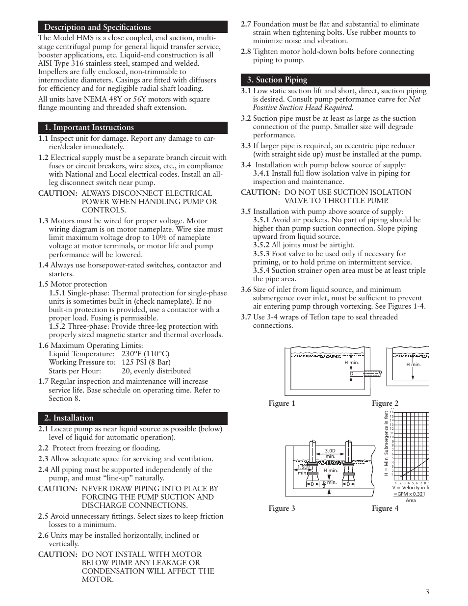 Description and specifications, Important instructions, Installation | Suction piping | Xylem IM083 R05 Model HMS User Manual | Page 3 / 24
