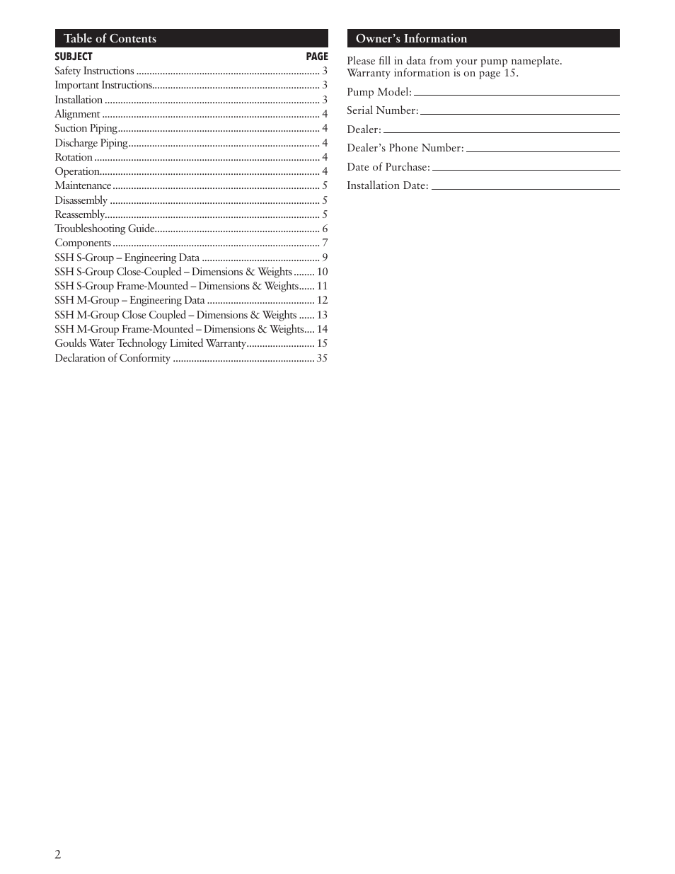 Xylem IM084 R05 SSH-C and SSH-F User Manual | Page 2 / 36