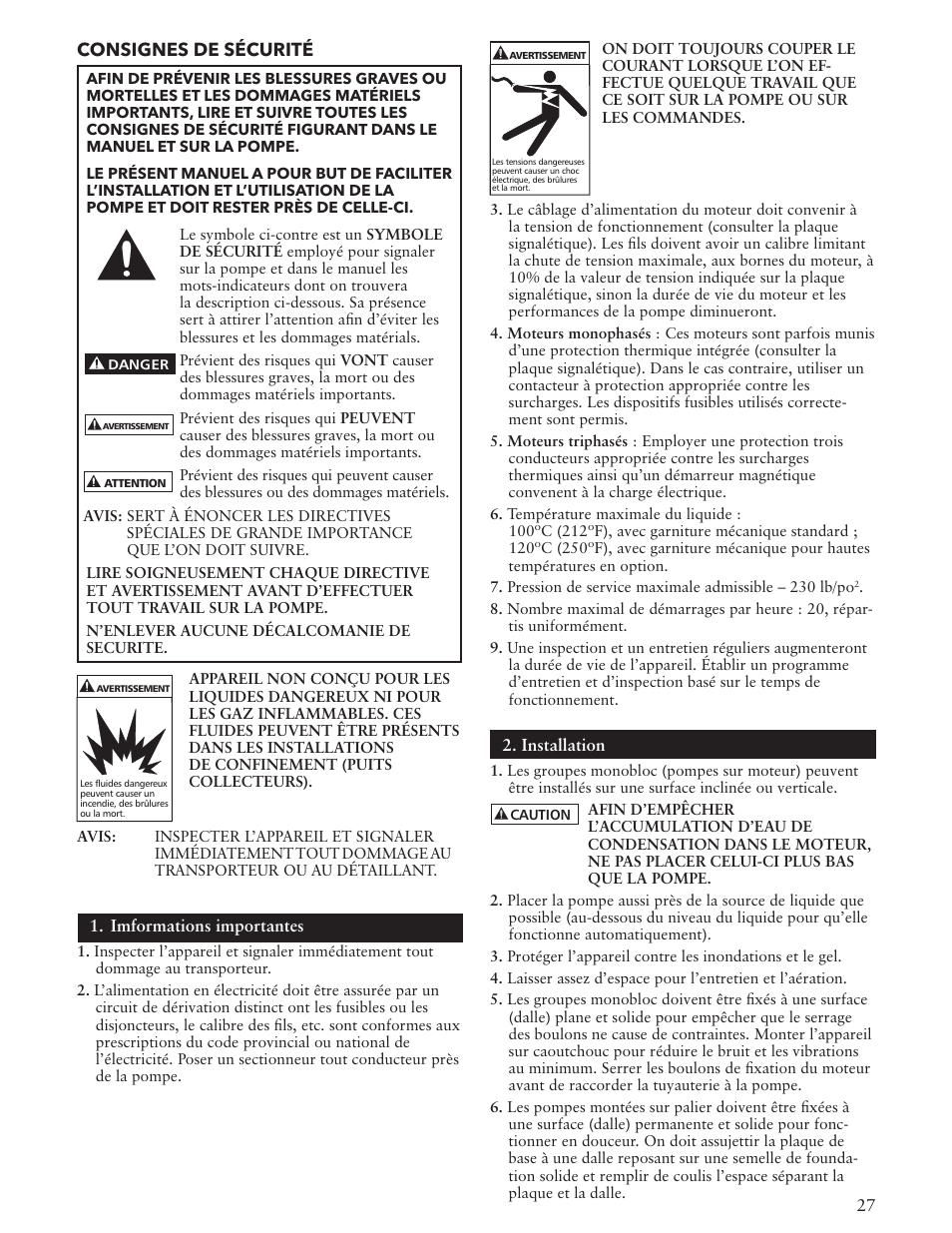 Consignes de sécurité | Xylem IM084 R05 SSH-C and SSH-F User Manual | Page 27 / 36