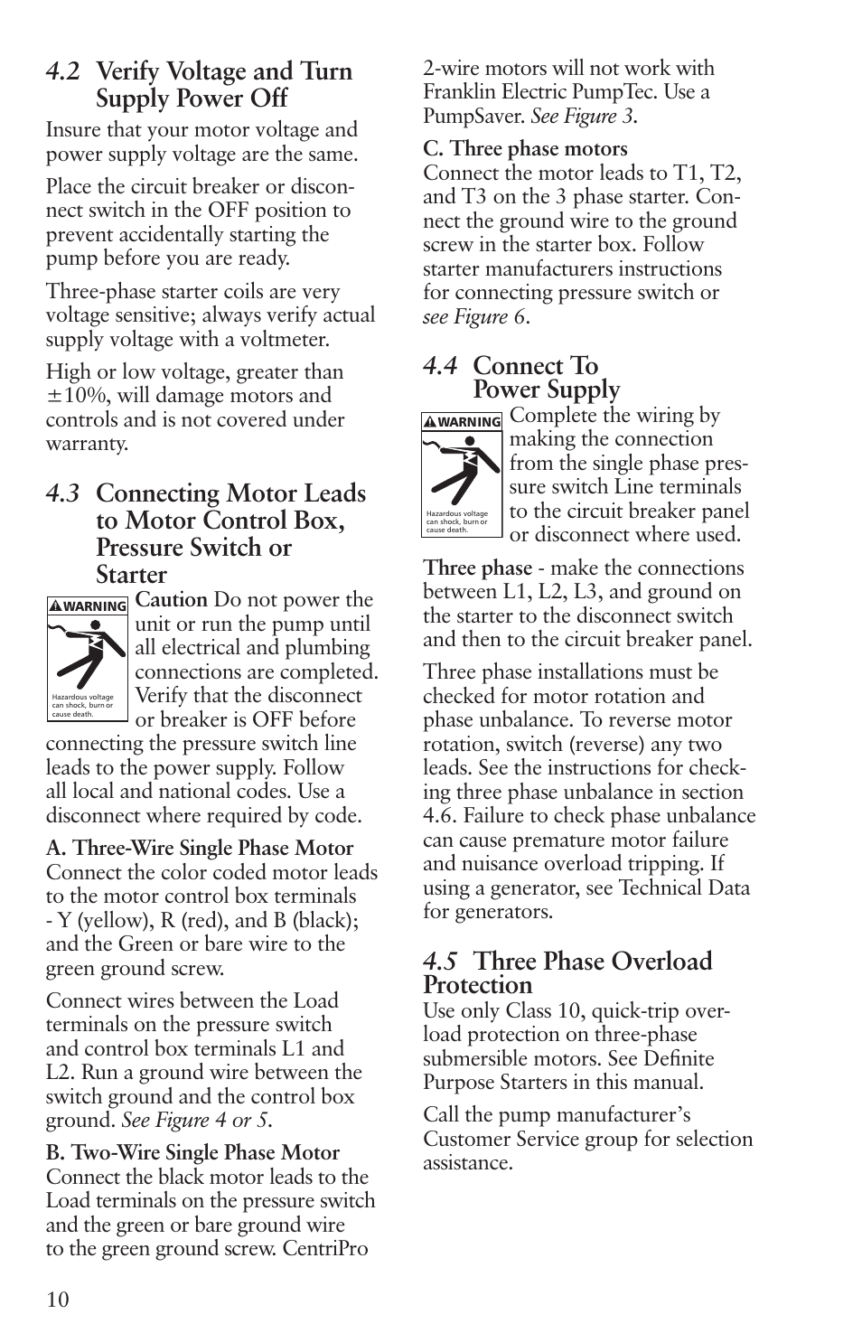 2 verify voltage and turn supply power off, 4 connect to power supply, 5 three phase overload protection | Xylem IM096 R07 4 Submersible Pumps User Manual | Page 10 / 68