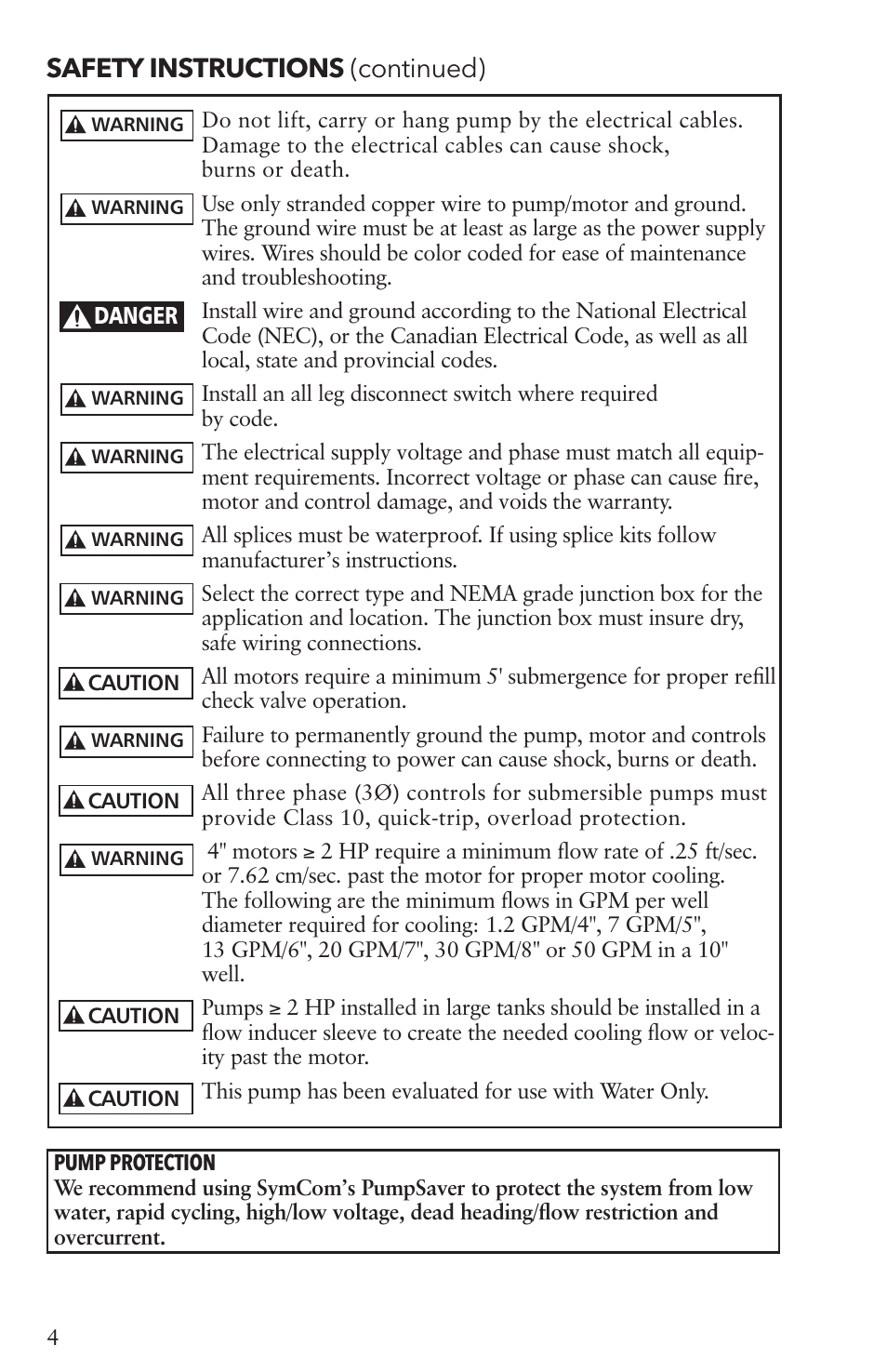 Safety instructions (continued) | Xylem IM096 R07 4 Submersible Pumps User Manual | Page 4 / 68