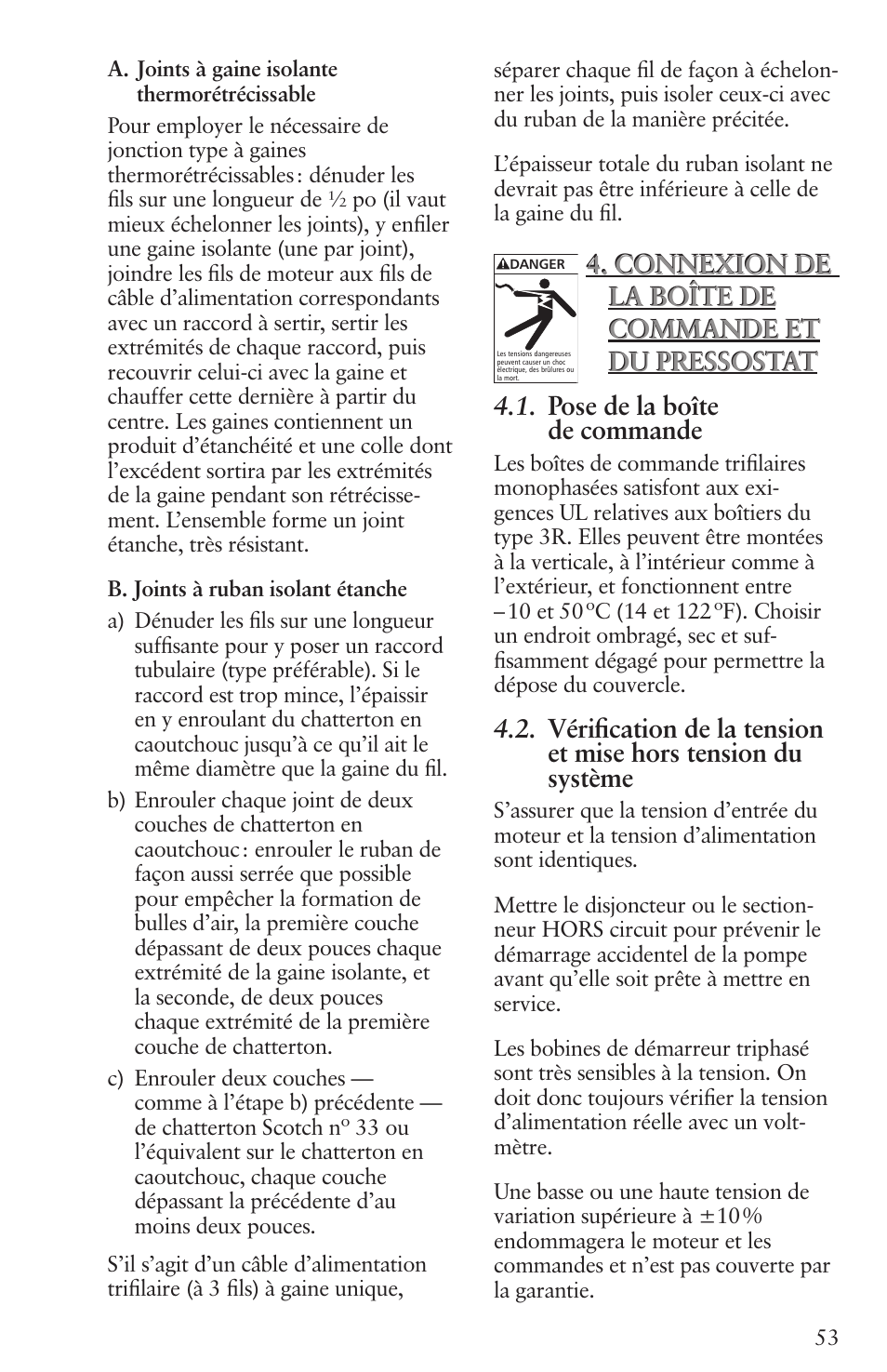 Connexion de la boîte de commande et du pressostat | Xylem IM096 R07 4 Submersible Pumps User Manual | Page 53 / 68