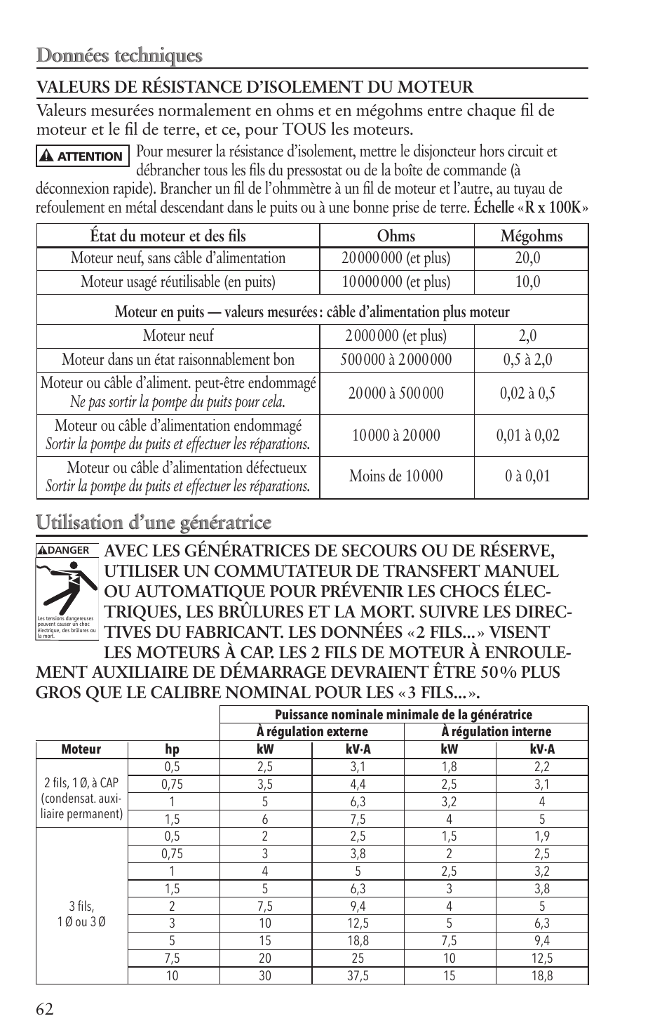 Données techniques, Utilisation d’une génératrice, Données techniques utilisation d’une génératrice | Xylem IM096 R07 4 Submersible Pumps User Manual | Page 62 / 68