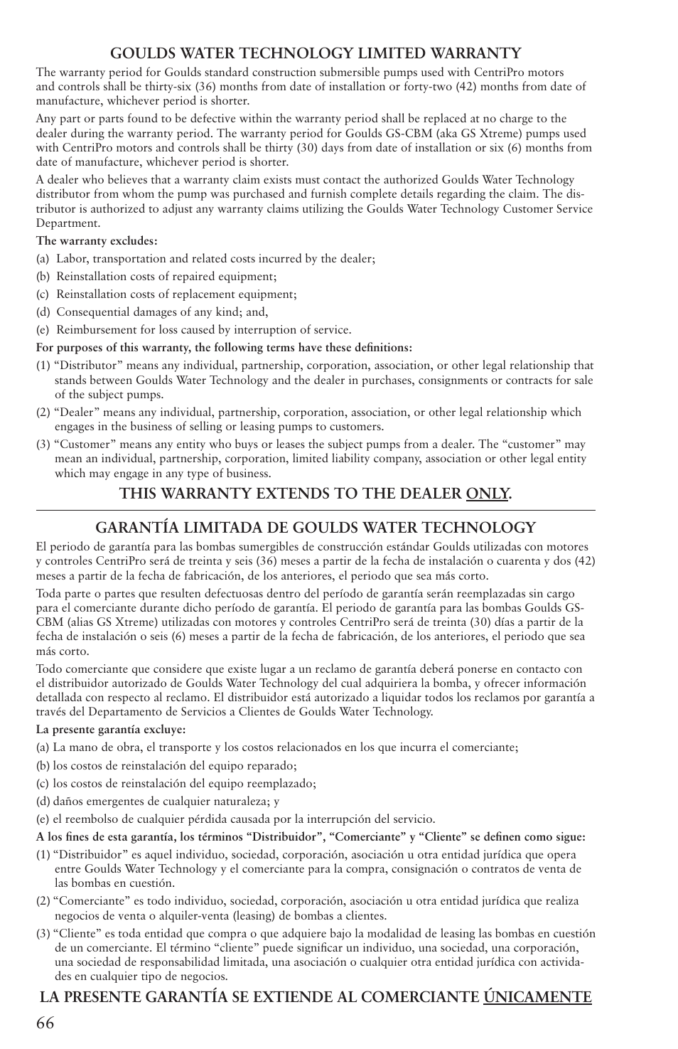 Goulds water technology limited warranty | Xylem IM096 R07 4 Submersible Pumps User Manual | Page 66 / 68