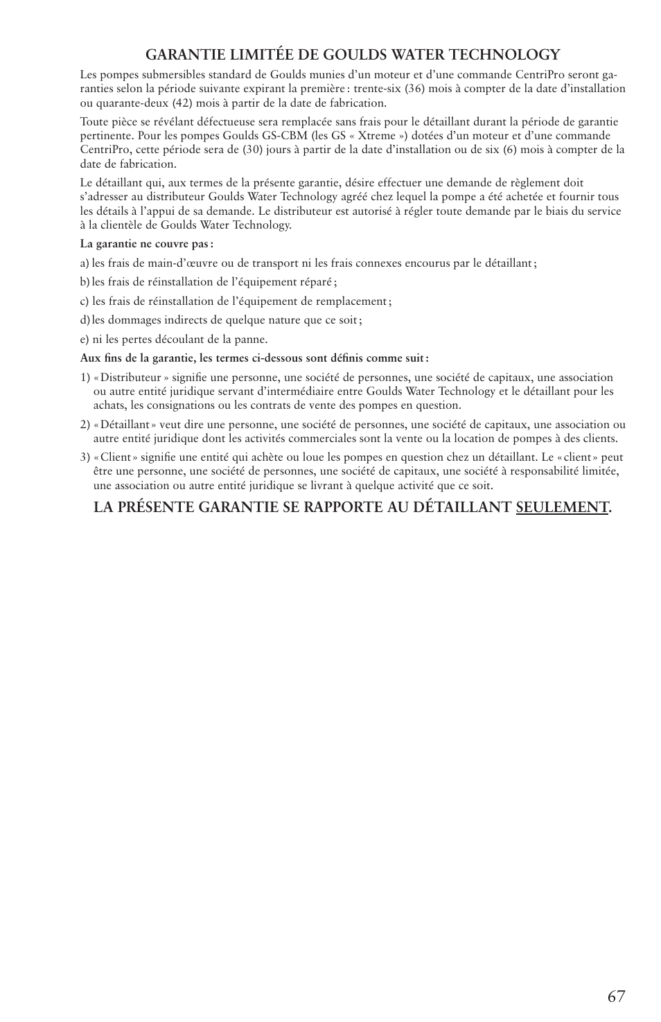 Garantie limitée de goulds water technology | Xylem IM096 R07 4 Submersible Pumps User Manual | Page 67 / 68