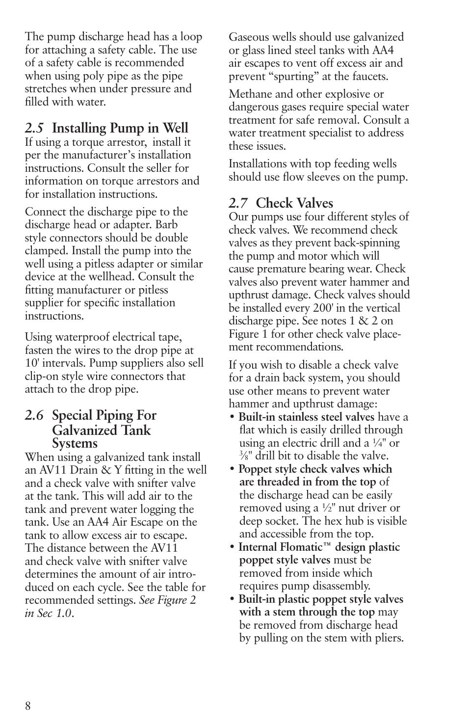 5 installing pump in well, 6 special piping for galvanized tank systems, 7 check valves | Xylem IM096 R07 4 Submersible Pumps User Manual | Page 8 / 68