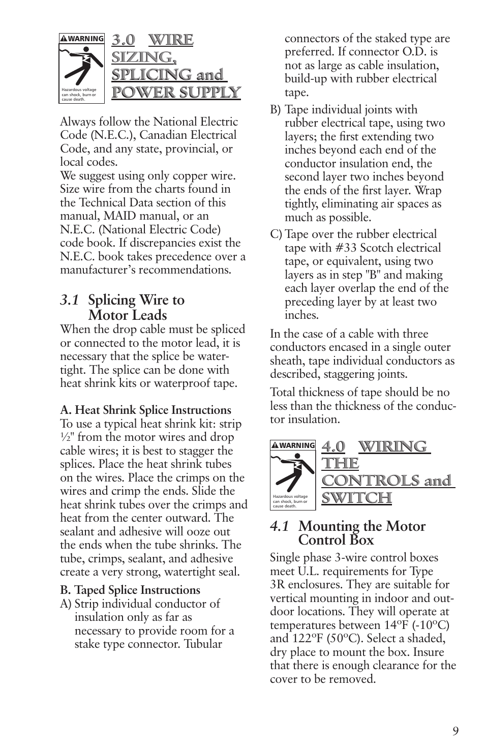 0 wire sizing, splicing and power supply, 1 splicing wire to motor leads, 0 wiring the controls and switch | Xylem IM096 R07 4 Submersible Pumps User Manual | Page 9 / 68