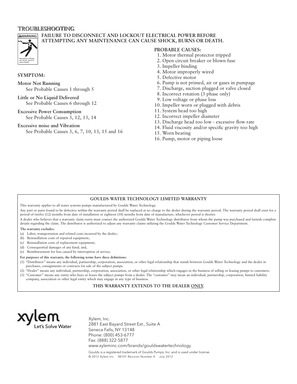 Troubleshooting | Xylem IM101 R04 MODELS SHV and NPV User Manual | Page 12 / 32