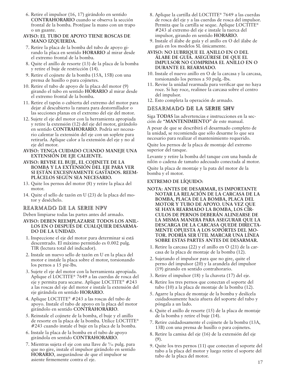 Xylem IM101 R04 MODELS SHV and NPV User Manual | Page 17 / 32