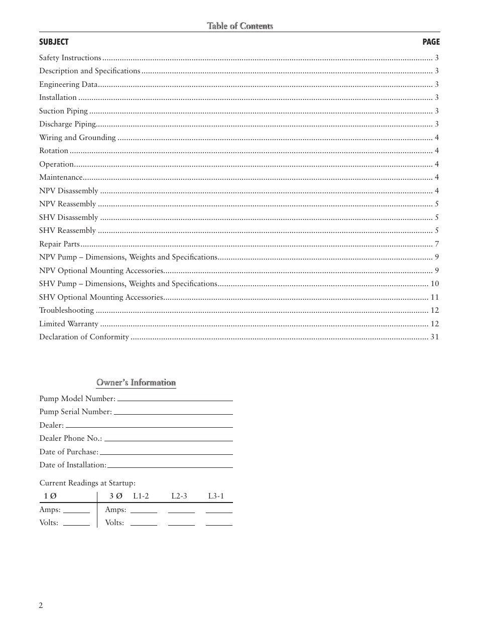 Xylem IM101 R04 MODELS SHV and NPV User Manual | Page 2 / 32