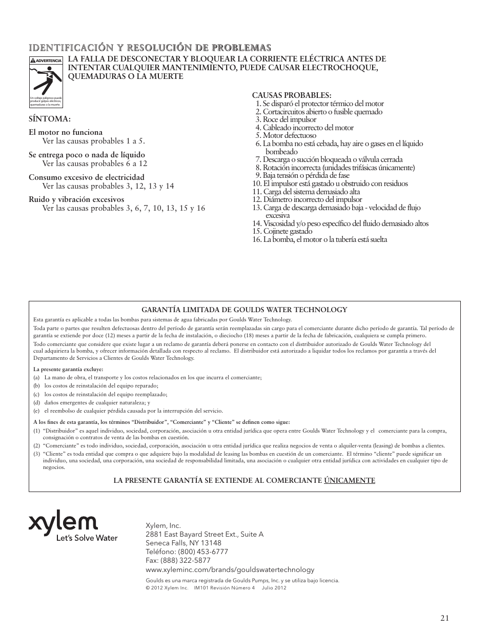 Identificación y resolución de problemas | Xylem IM101 R04 MODELS SHV and NPV User Manual | Page 21 / 32