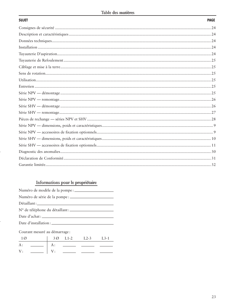 Informations pour le propriétaire | Xylem IM101 R04 MODELS SHV and NPV User Manual | Page 23 / 32