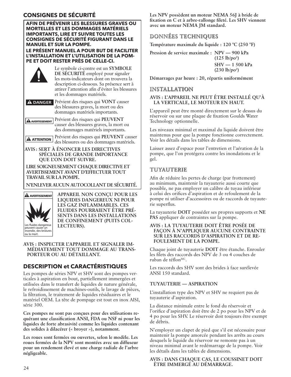 Consignes de sécurité, Description et caractéristiques | Xylem IM101 R04 MODELS SHV and NPV User Manual | Page 24 / 32