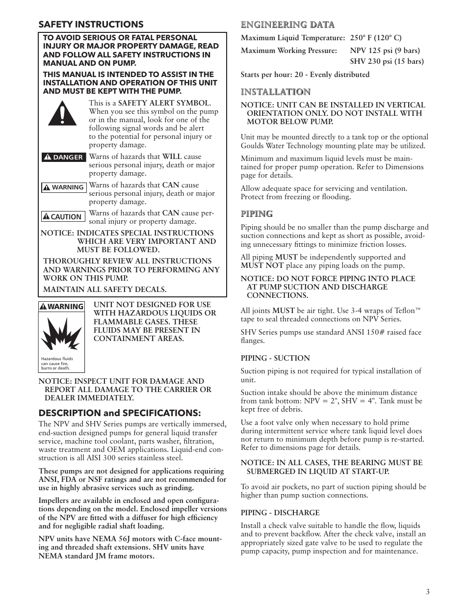 Xylem IM101 R04 MODELS SHV and NPV User Manual | Page 3 / 32