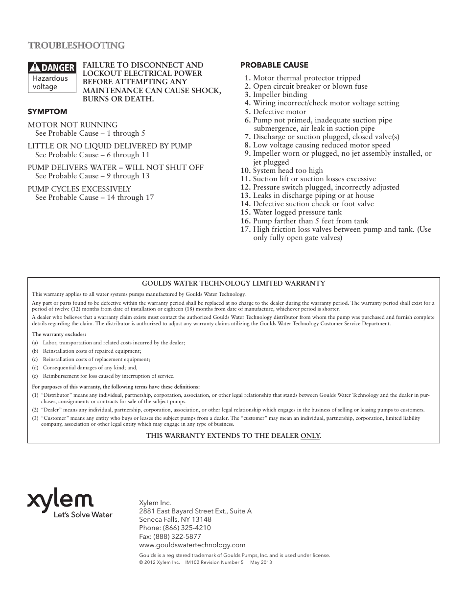 Danger, Troubleshooting | Xylem IM102 R05 Jet Pumps User Manual | Page 12 / 36