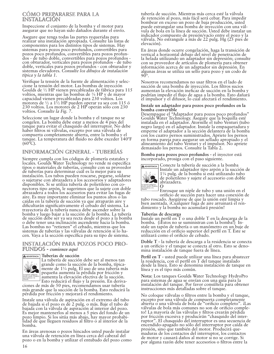 Cómo prepararse para la instalación, Información general - tuberías, Instalación para pozos poco pro- fundos | Xylem IM102 R05 Jet Pumps User Manual | Page 16 / 36