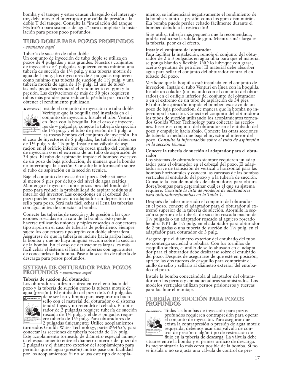 Tubo doble para pozos profundos, Sistema de obturador para pozos profundos, Tubería de succión para pozos profundos | Xylem IM102 R05 Jet Pumps User Manual | Page 17 / 36