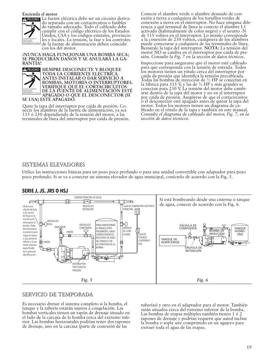 Servicio de temporada, Sistemas elevadores, Serie j, js, jrs o hsj | Servicio de temporada sistemas elevadores | Xylem IM102 R05 Jet Pumps User Manual | Page 19 / 36