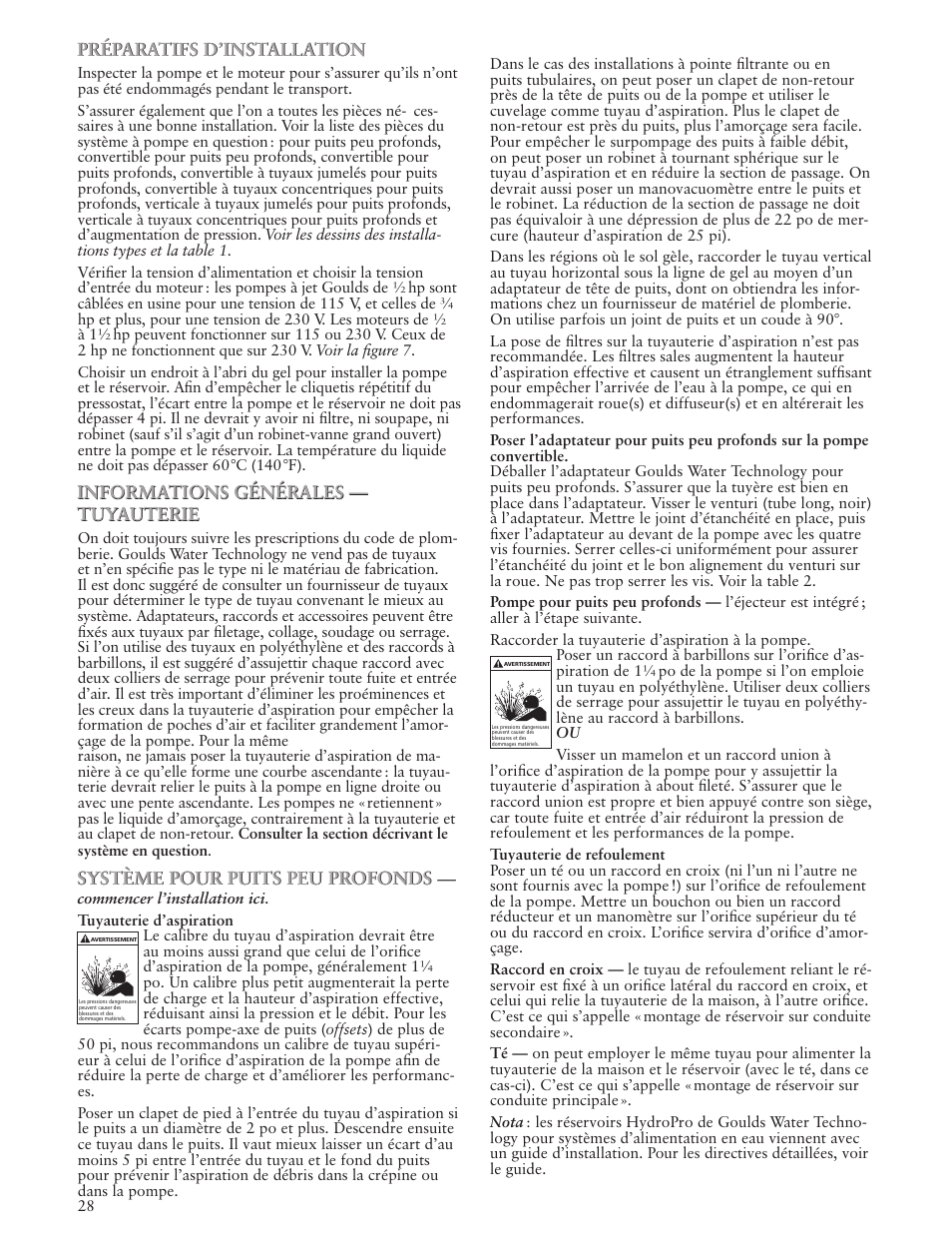 Préparatifs d’installation, Informations générales — tuyauterie, Système pour puits peu profonds | Xylem IM102 R05 Jet Pumps User Manual | Page 28 / 36