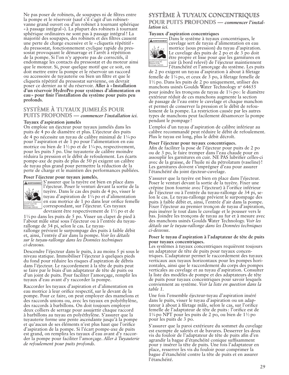 Système à tuyaux concentriques pour puits profonds, Système à tuyaux jumelés pour puits profonds | Xylem IM102 R05 Jet Pumps User Manual | Page 29 / 36