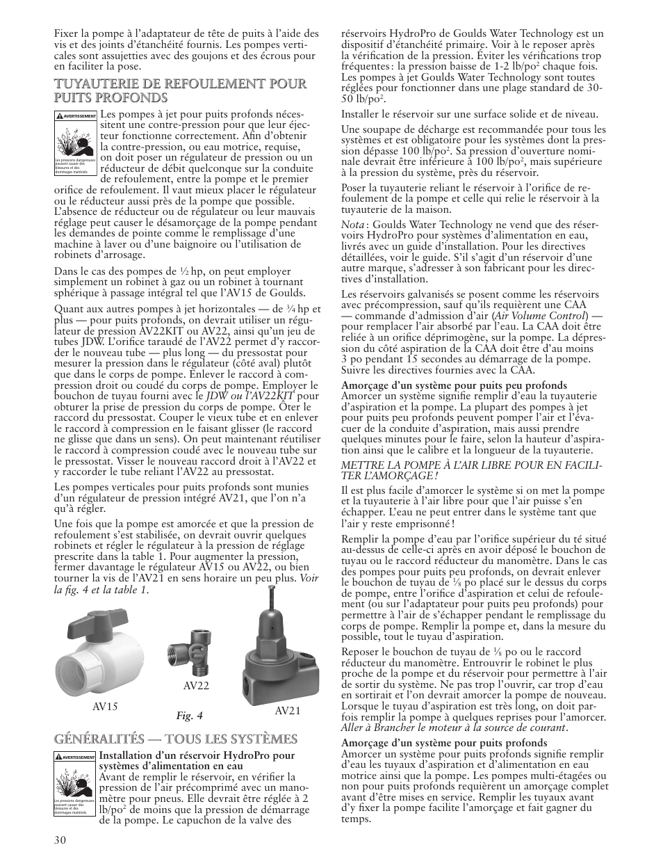 Tuyauterie de refoulement pour puits profonds, Généralités — tous les systèmes | Xylem IM102 R05 Jet Pumps User Manual | Page 30 / 36