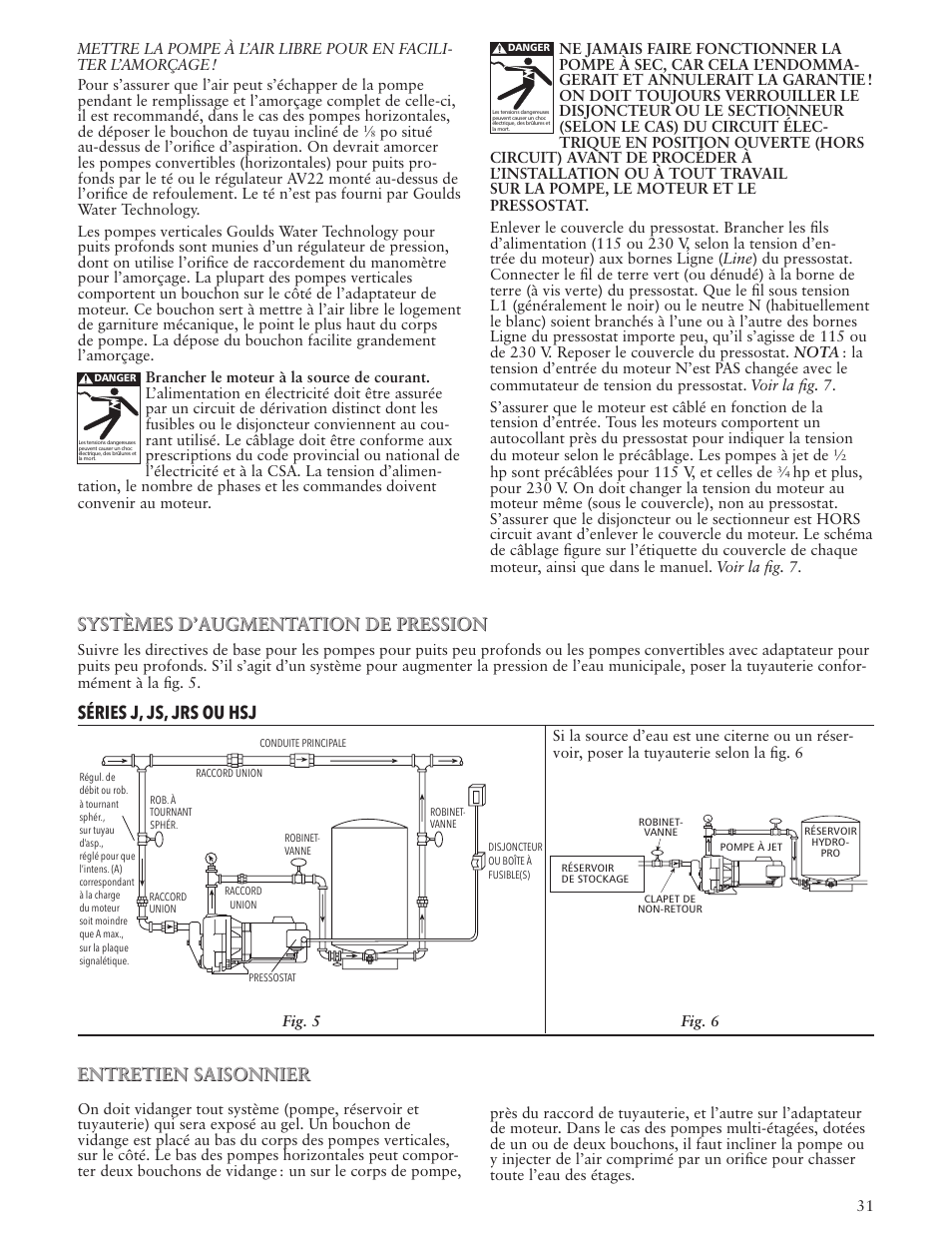 Systèmes d’augmentation de pression, Séries j, js, jrs ou hsj, Entretien saisonnier | Xylem IM102 R05 Jet Pumps User Manual | Page 31 / 36