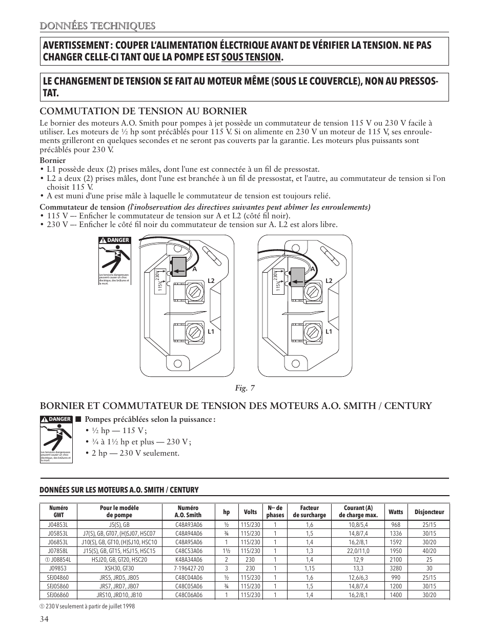 Données techniques, Commutation de tension au bornier | Xylem IM102 R05 Jet Pumps User Manual | Page 34 / 36