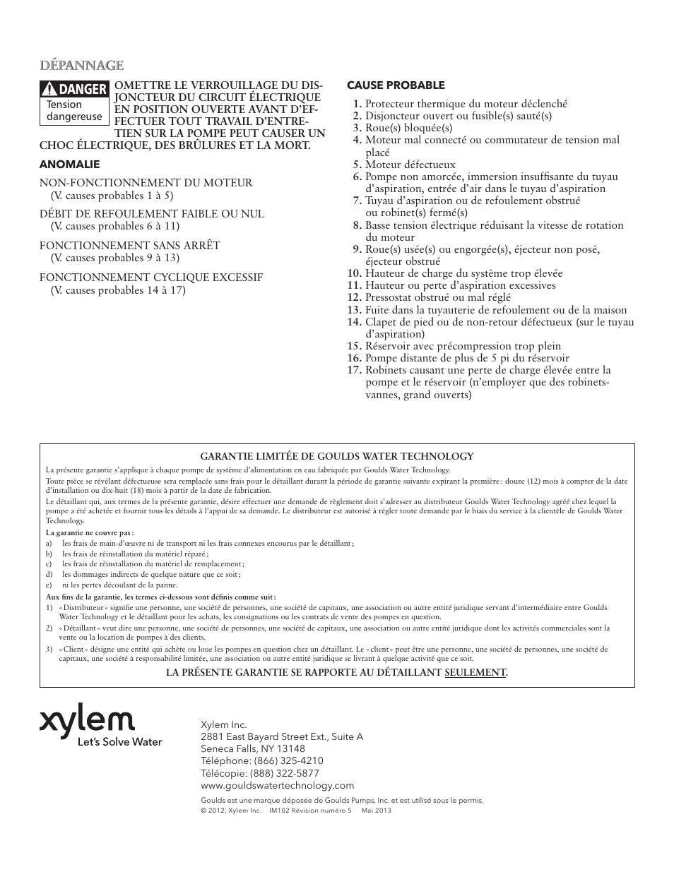 Danger, Dépannage | Xylem IM102 R05 Jet Pumps User Manual | Page 36 / 36