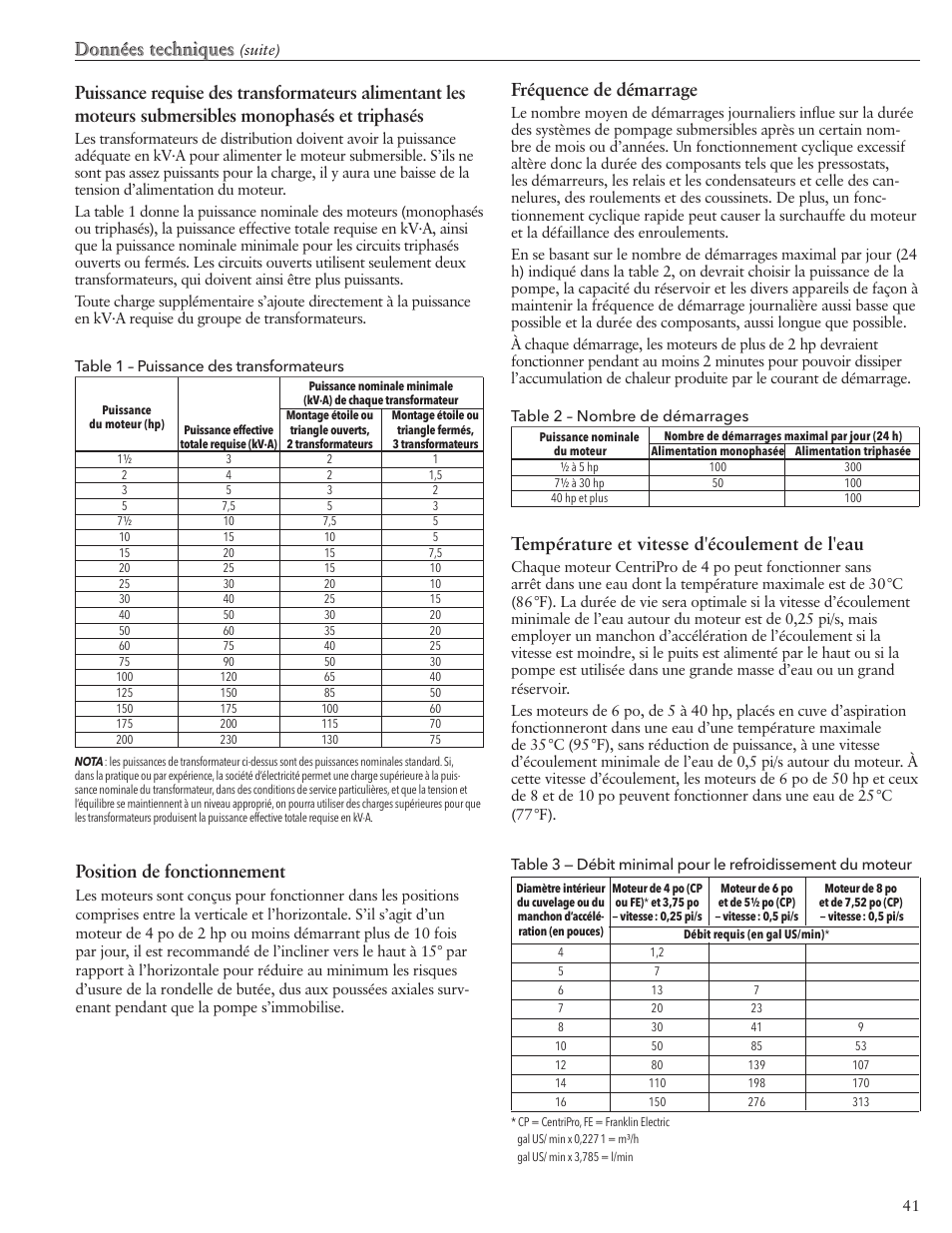 Données techniques, Fréquence de démarrage, Position de fonctionnement | Température et vitesse d'écoulement de l'eau | Xylem IM103 R03 5 and Larger Submersible Pump User Manual | Page 41 / 48