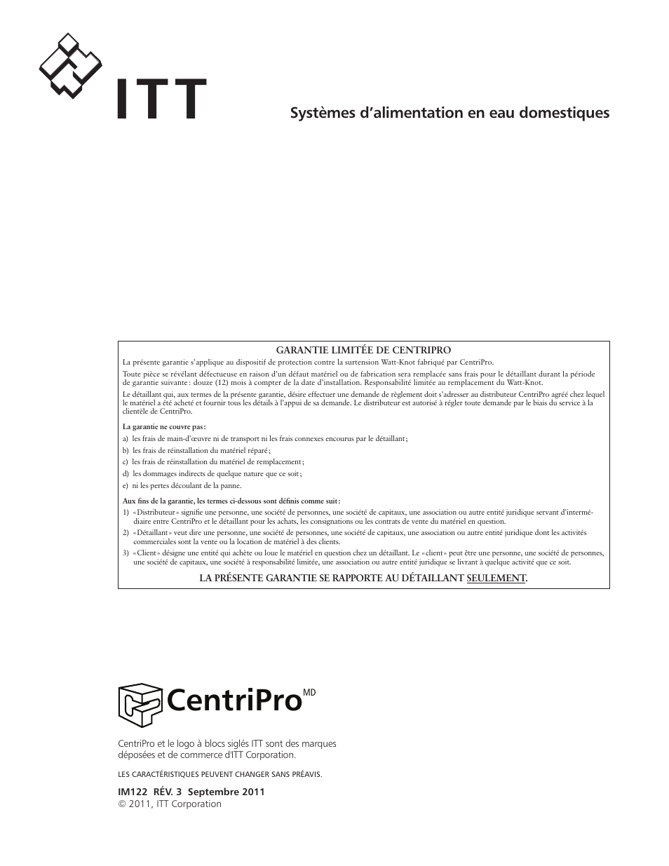 Centripro, Systèmes d’alimentation en eau domestiques | Xylem IM122 R03 Watt-Knot Voltage Surge Arrestor (OBSOLETE) User Manual | Page 12 / 12