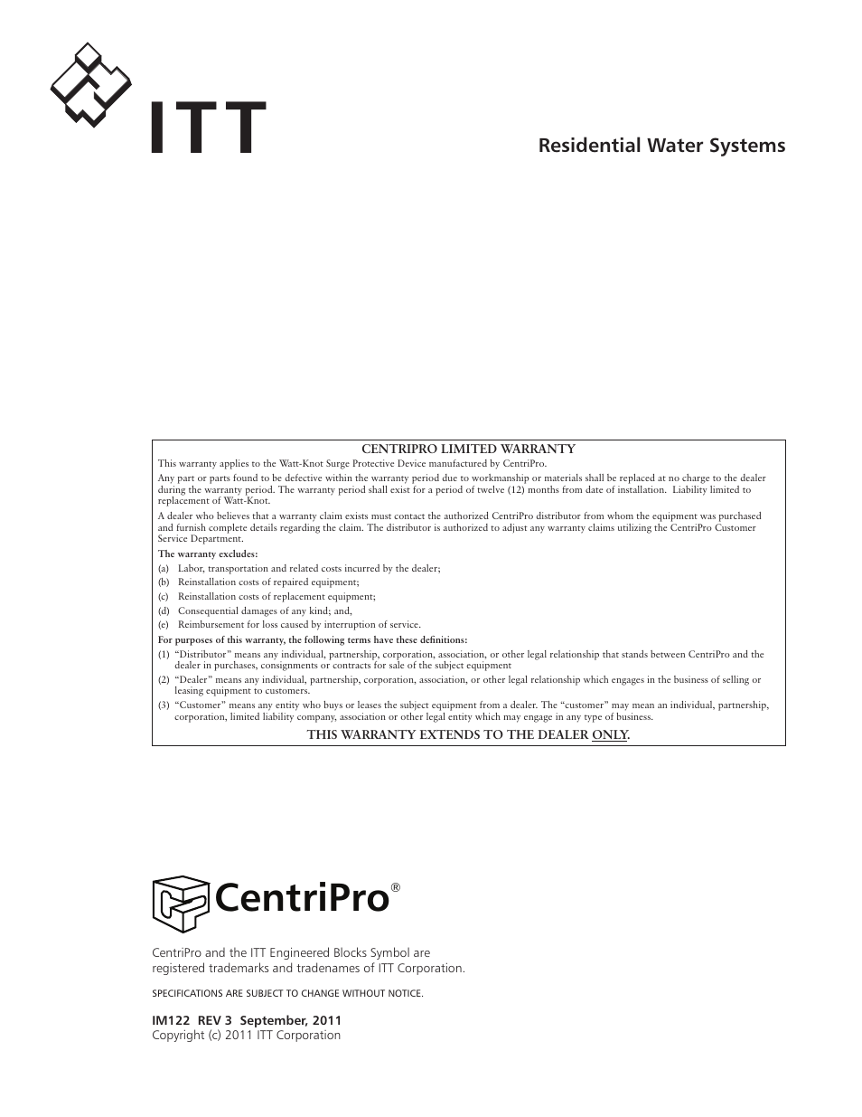 Centripro, Residential water systems | Xylem IM122 R03 Watt-Knot Voltage Surge Arrestor (OBSOLETE) User Manual | Page 4 / 12