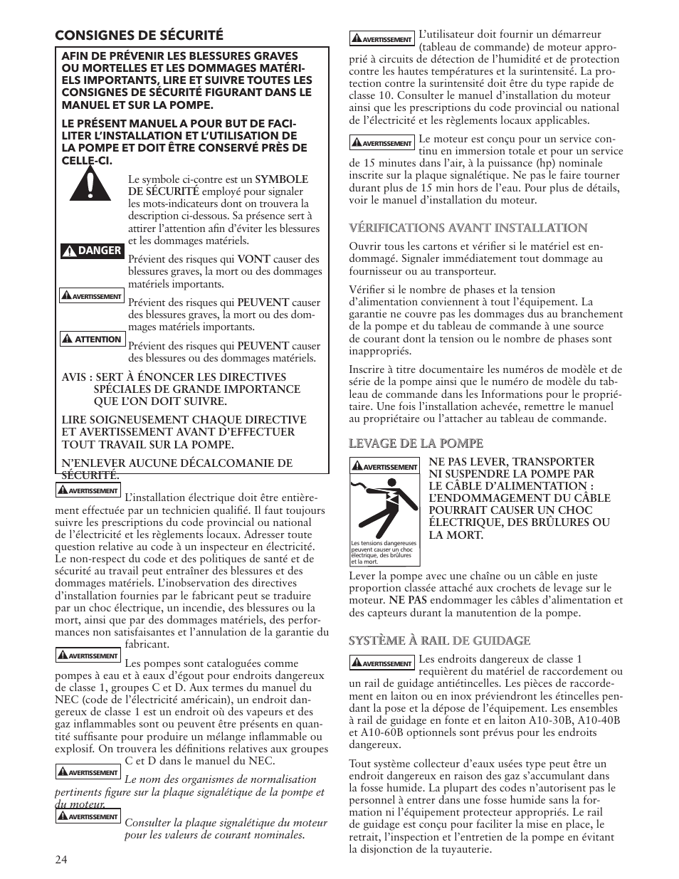 Consignes de sécurité | Xylem IM123 R04 Explosion Proof Wastewater Pumps Listed Class 1, Groups C and D Hazardous Locations User Manual | Page 24 / 32