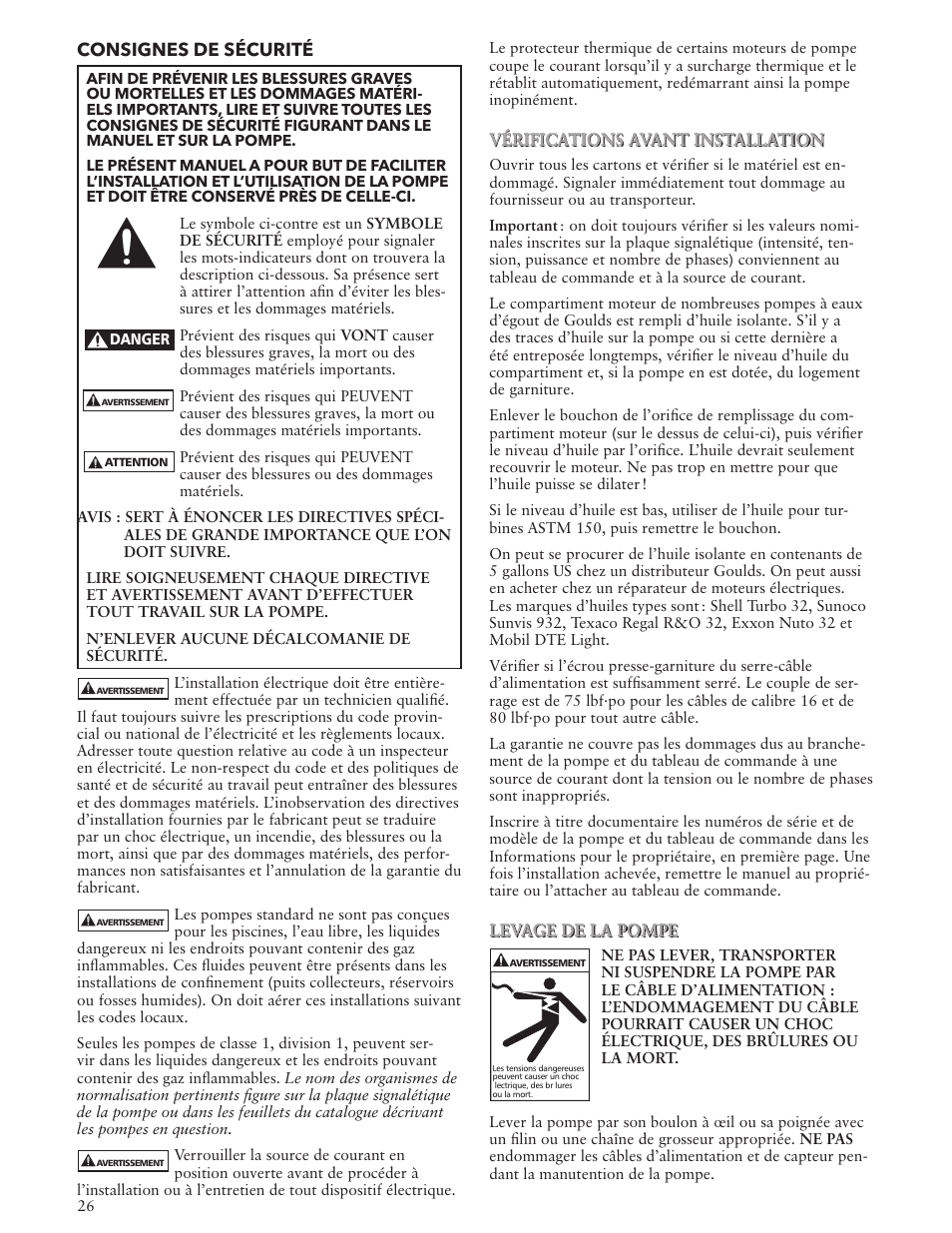 Consignes de sécurité | Xylem IM127 R03 Single Phase Sump, Effluent and Sewage User Manual | Page 26 / 36