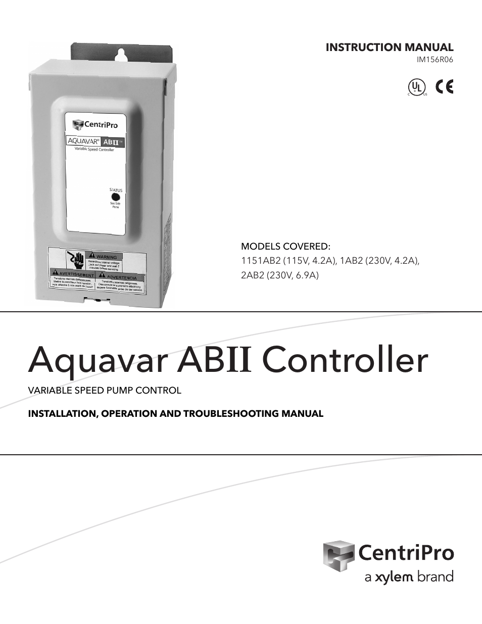 Xylem IM156 R06 1AB2 & 2AB2, Aquavar ABII Variable Speed Pump Controller User Manual | 36 pages