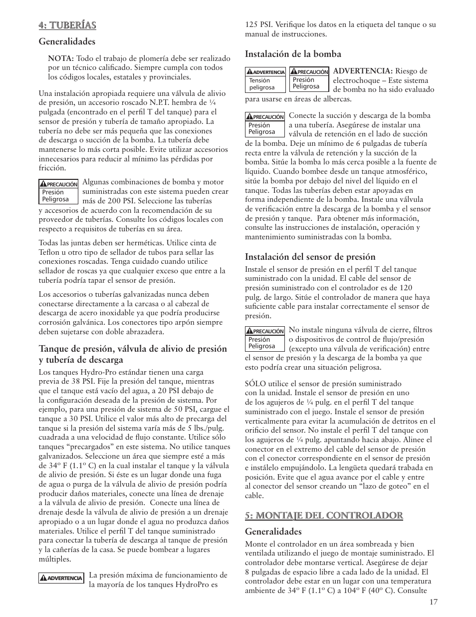 Tuberías generalidades, Tuberías, Instalación de la bomba | Instalación del sensor de presión, Montaje del controlador generalidades, Montaje del controlador | Xylem IM156 R06 1AB2 & 2AB2, Aquavar ABII Variable Speed Pump Controller User Manual | Page 17 / 36