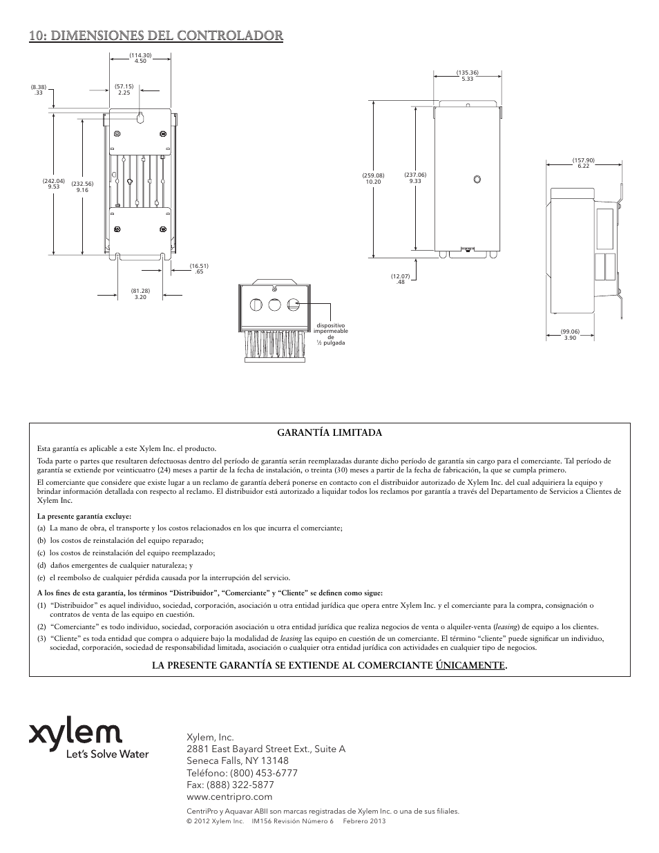 Dimensiones del controlador, Garantía limitada | Xylem IM156 R06 1AB2 & 2AB2, Aquavar ABII Variable Speed Pump Controller User Manual | Page 24 / 36