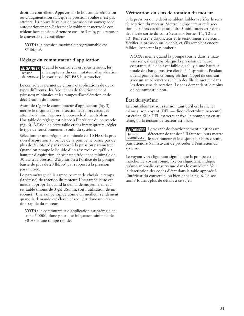 Réglage du commutateur d’application, Vérification du sens de rotation du moteur, État du système | Xylem IM156 R06 1AB2 & 2AB2, Aquavar ABII Variable Speed Pump Controller User Manual | Page 31 / 36