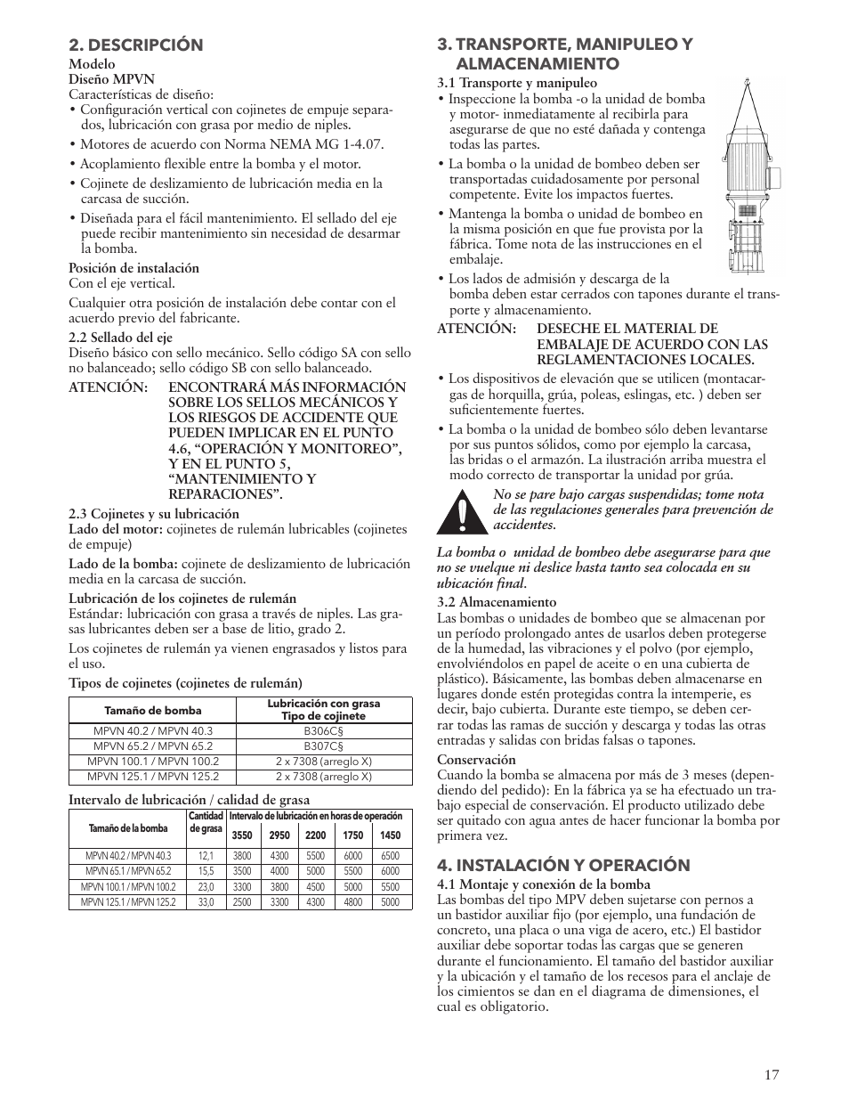 Descripción, Transporte, manipuleo y almacenamiento, Instalación y operación | Xylem IM157 Model MPVN User Manual | Page 17 / 36