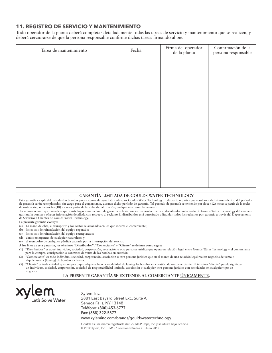 Registro de servicio y mantenimiento | Xylem IM157 Model MPVN User Manual | Page 24 / 36