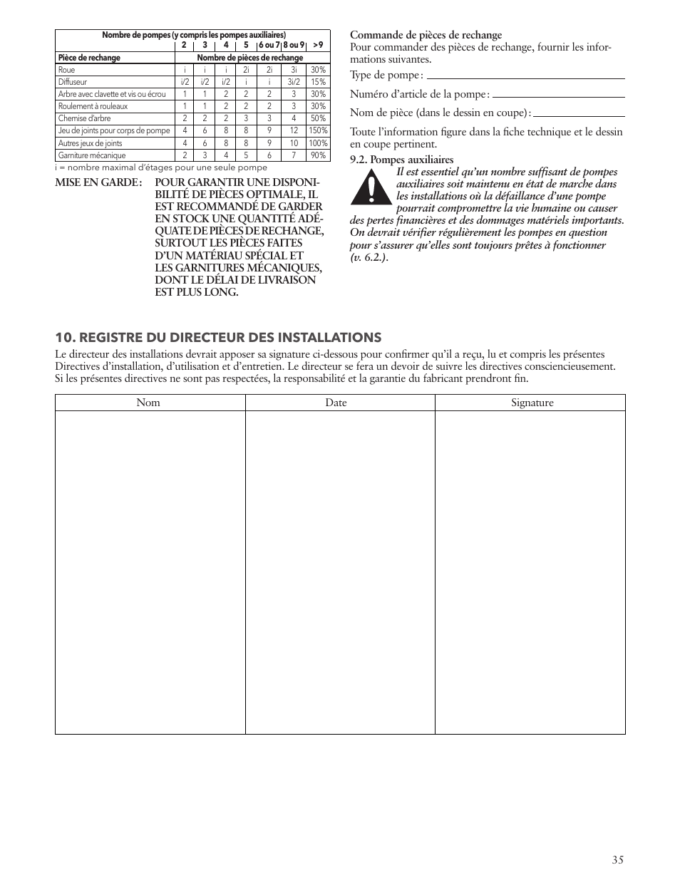 Registre du directeur des installations | Xylem IM157 Model MPVN User Manual | Page 35 / 36